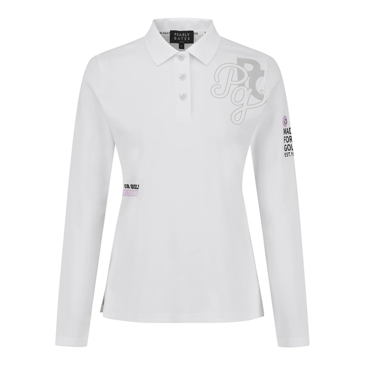 Áo golf nữ Pearly Gates trắng tay dài cổ bẻ với logo in chữ trên ngực và tay áo