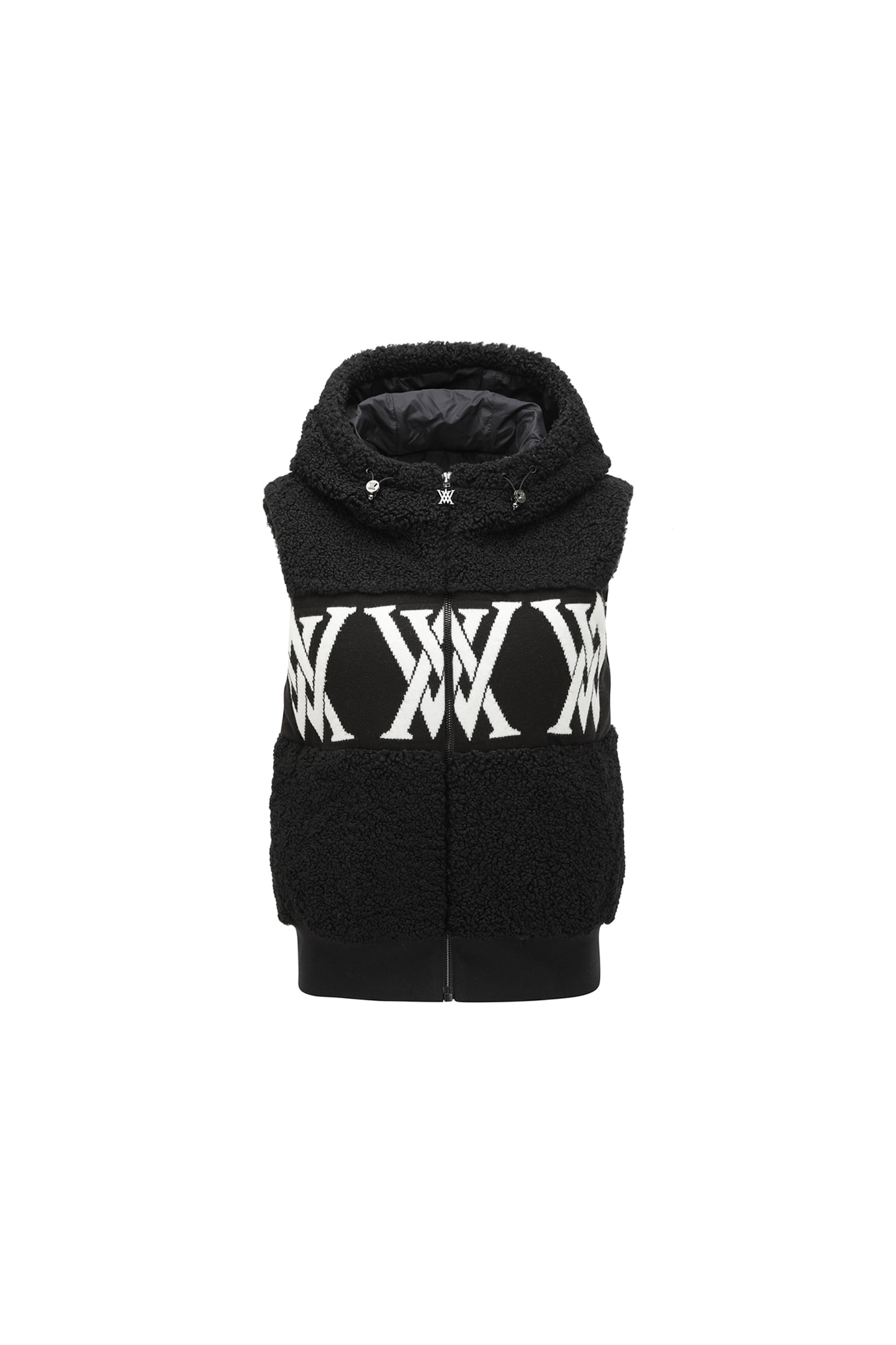 Áo vest golf nữ Anew màu đen dáng suông phối họa tiết logo trắng đen, kiểu mũ trùm cổ cao