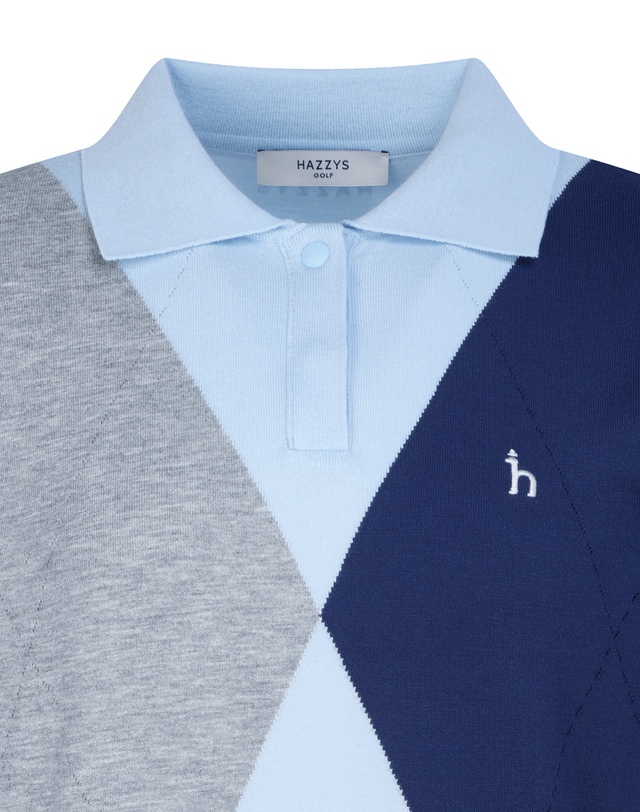 Áo knit golf nữ cổ bẻ tay ngắn phối họa tiết hình học xanh dương nhạt — ảnh 3