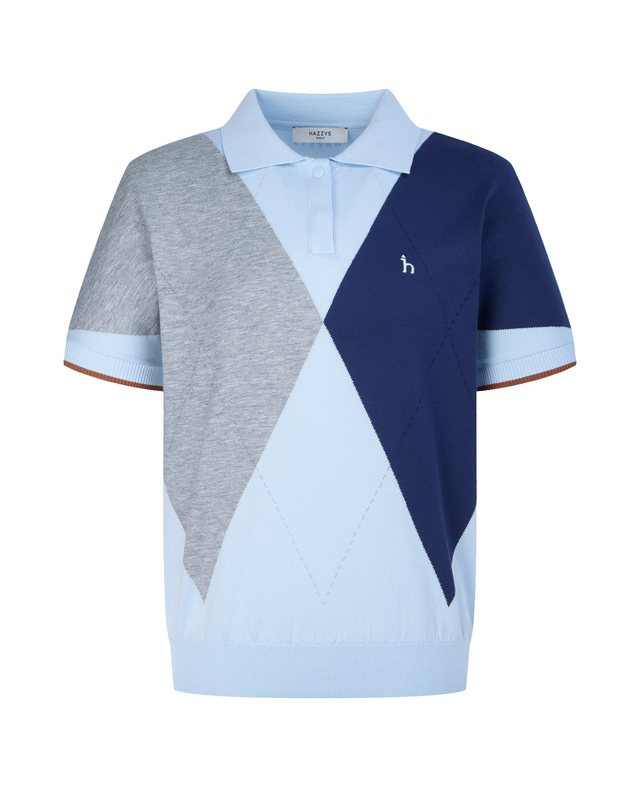 Áo knit golf nữ Hazzys xanh dương nhạt cổ bẻ tay ngắn phối họa tiết hình học tam giác xanh đậm và xám