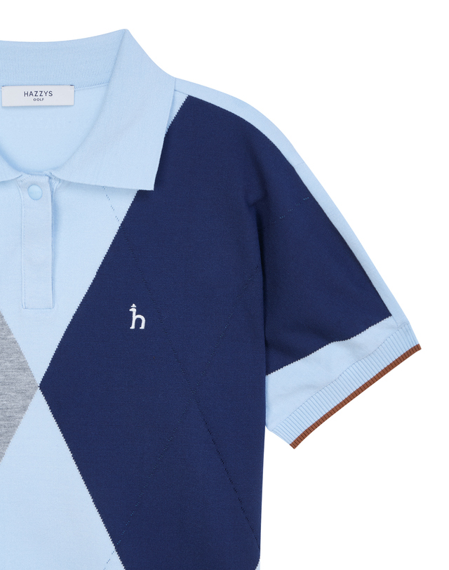 Áo knit golf nữ cổ bẻ tay ngắn phối họa tiết hình học xanh dương nhạt — ảnh 4