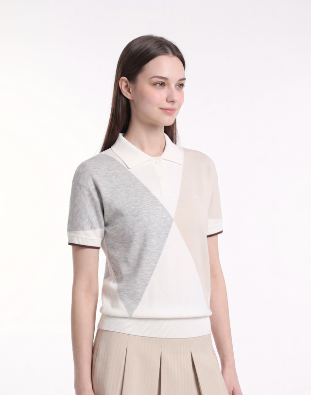 Áo knit golf nữ tay ngắn phối màu ngà xám — ảnh 2