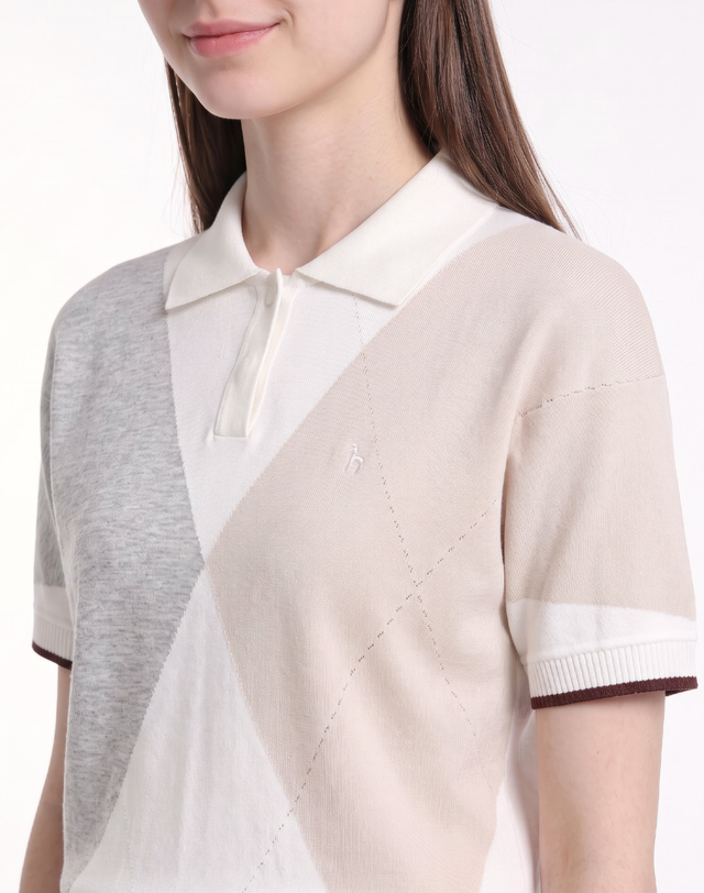Áo knit golf nữ tay ngắn phối màu ngà xám — ảnh 5