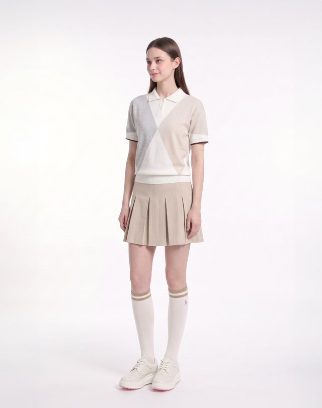 Áo knit golf nữ tay ngắn phối màu ngà xám — ảnh 3