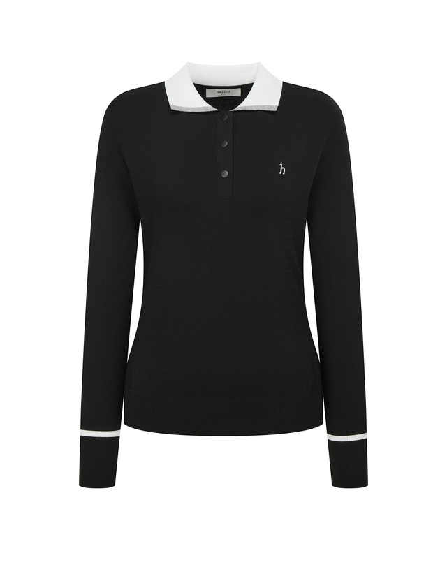 Áo knit golf nữ cổ bẻ tay dài màu đen — ảnh 3