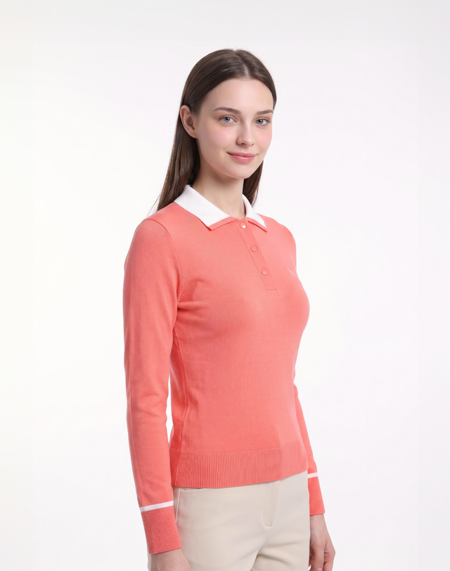 Áo knit golf nữ cổ bẻ tay dài màu cam san hô — ảnh 2