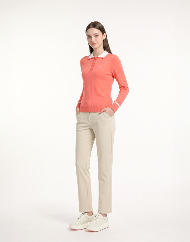 Áo knit golf nữ cổ bẻ tay dài màu cam san hô — ảnh 3