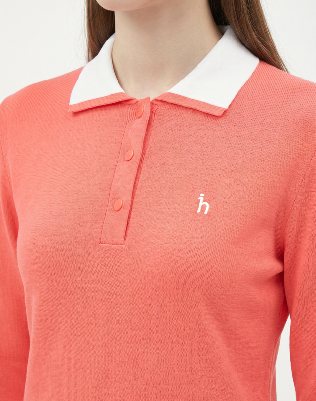 Áo knit golf nữ cổ bẻ tay dài màu cam san hô — ảnh 4