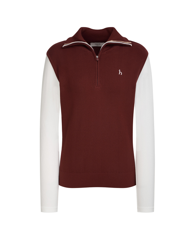 Áo knit golf nữ Hazzys màu đỏ rượu vang phối tay trắng, cổ khóa nửa, phong cách thời trang golf nữ Hàn Quốc
