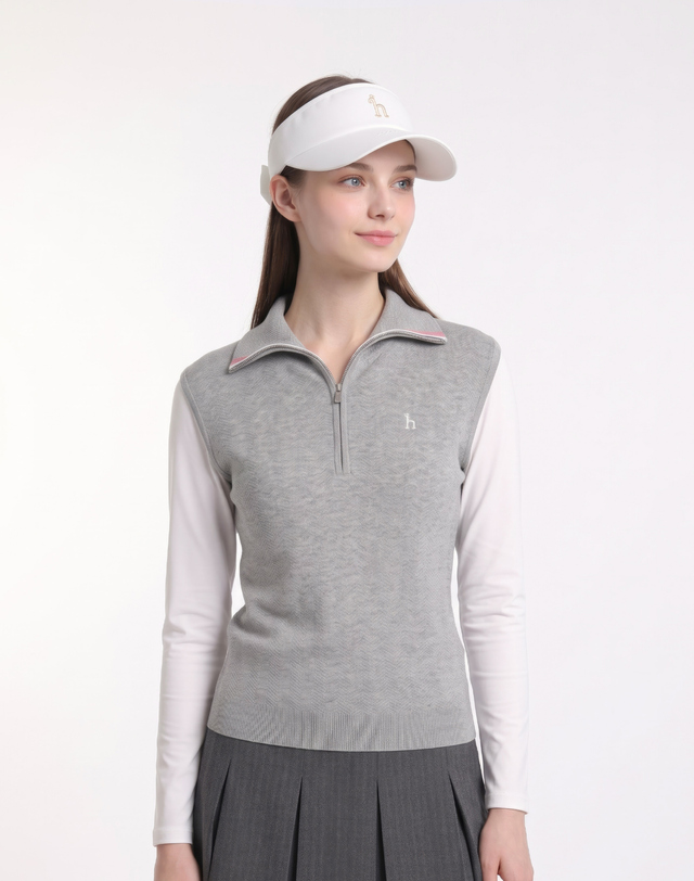 Áo knit golf nữ cổ kéo khóa màu xám — ảnh 2