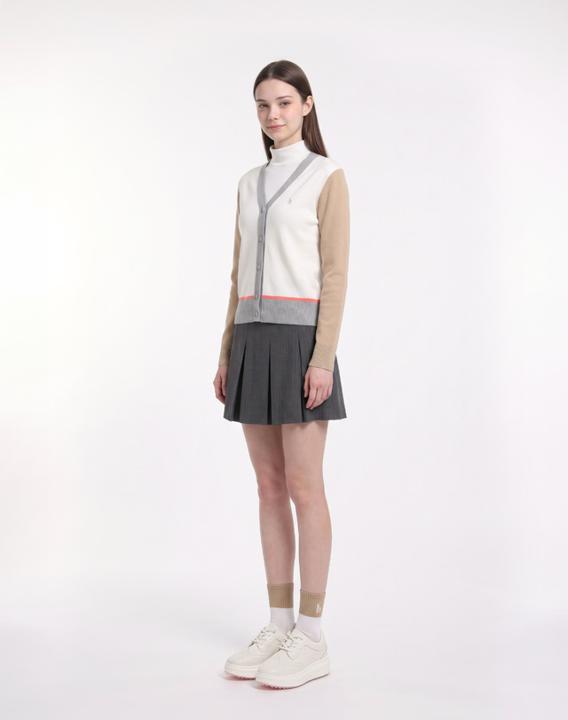 Áo knit golf nữ tay dài phối màu camel trắng xám — ảnh 3