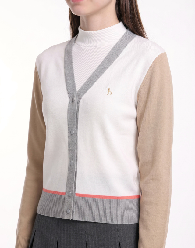 Áo knit golf nữ tay dài phối màu camel trắng xám — ảnh 5