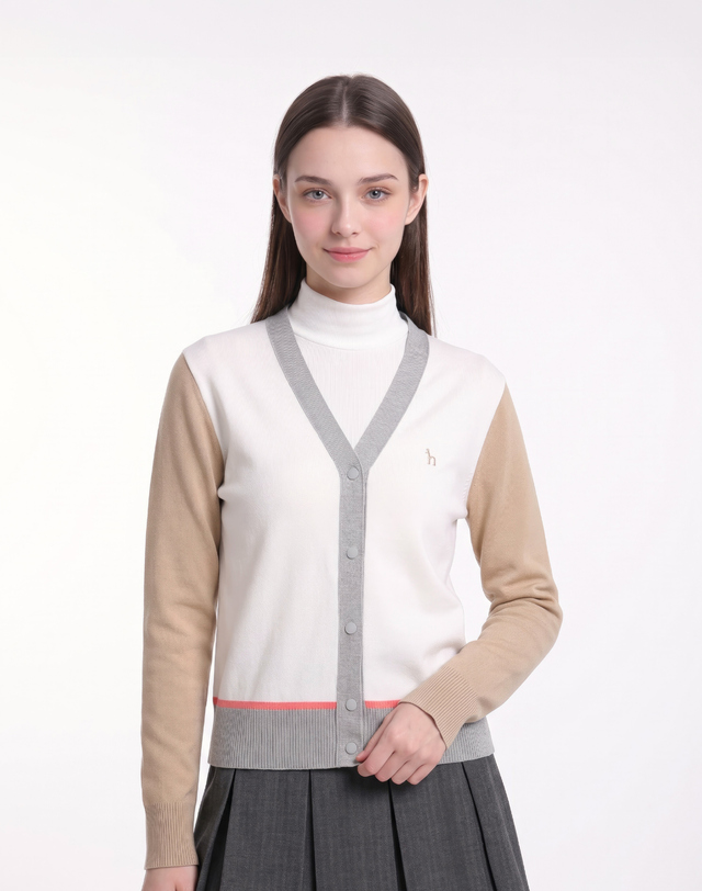 Áo knit golf nữ tay dài phối màu camel trắng xám — ảnh 2