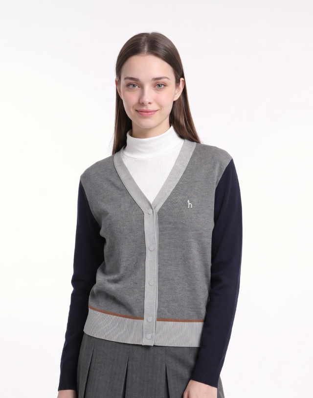 Áo knit golf nữ tay dài phối màu xám đậm — ảnh 3
