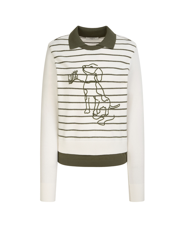 Áo knit golf nữ Hazzys màu kem cổ bẻ phối kẻ sọc ngang xanh ô liu họa tiết chú chó