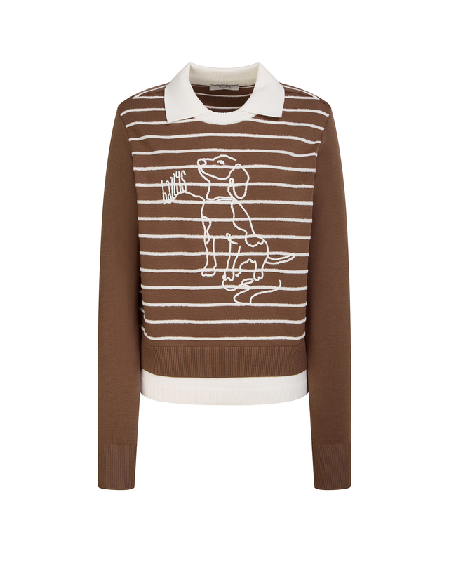 Áo knit golf nữ Hazzys màu nâu phối sọc trắng hình chó trước ngực