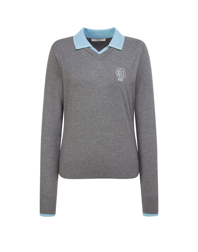 Áo knit golf nữ Hazzys màu xám phối cổ bẻ xanh tay dài thanh lịch