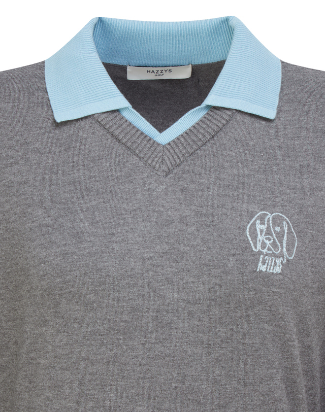 Áo knit golf nữ cổ bẻ phối xanh xám thanh lịch — ảnh 3