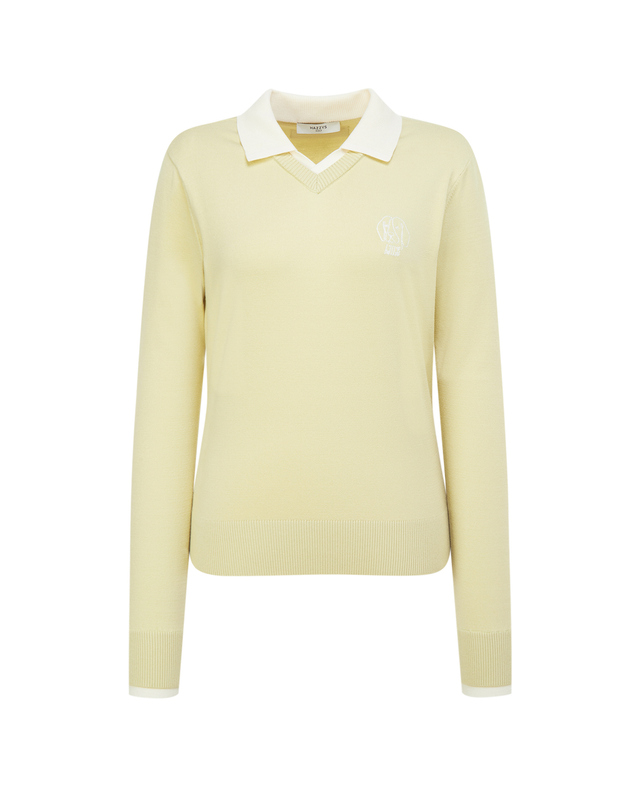 Áo knit golf nữ cổ phối màu v-neck màu kaki — ảnh 3