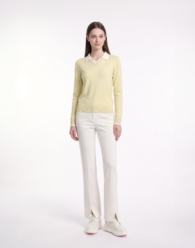 Áo knit golf nữ cổ phối màu v-neck màu kaki — ảnh 2