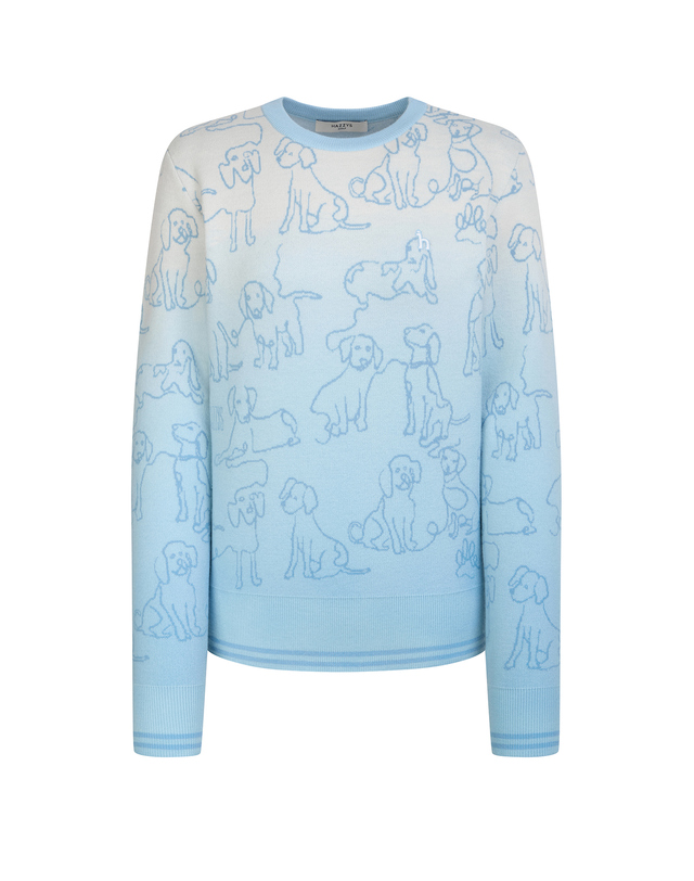 Áo knit golf nữ Hazzys màu xanh nhạt họa tiết chú chó cổ tròn tay dài
