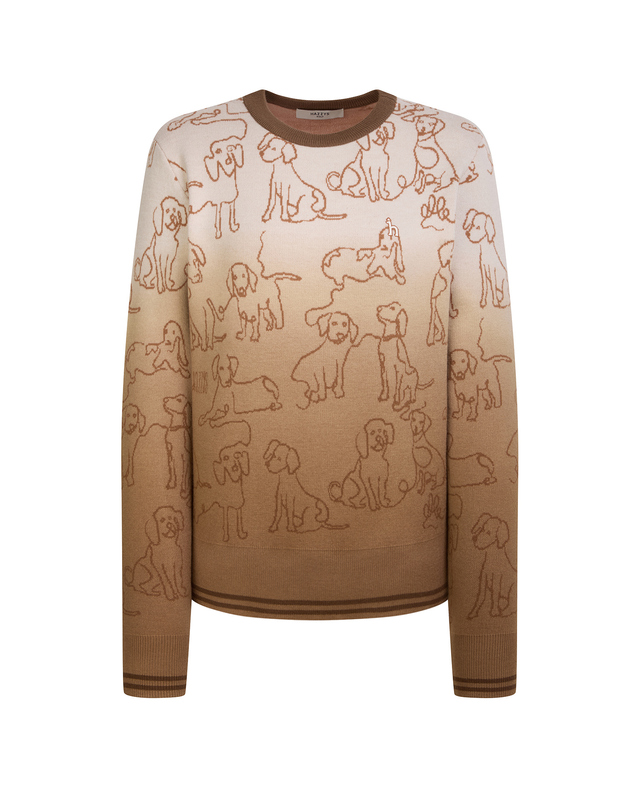 Áo knit golf nữ Hazzys màu ombre nâu họa tiết hình chó, cổ tròn, tay dài
