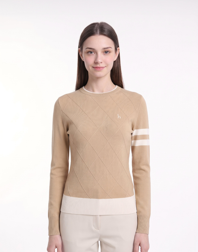 Áo knit golf nữ Hazzys màu be camel hoạ tiết ô caro tay dài cổ tròn
