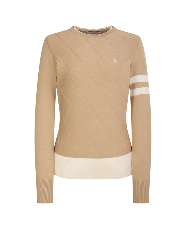 Áo knit golf nữ tay dài hoạ tiết ô caro màu be camel — ảnh 6