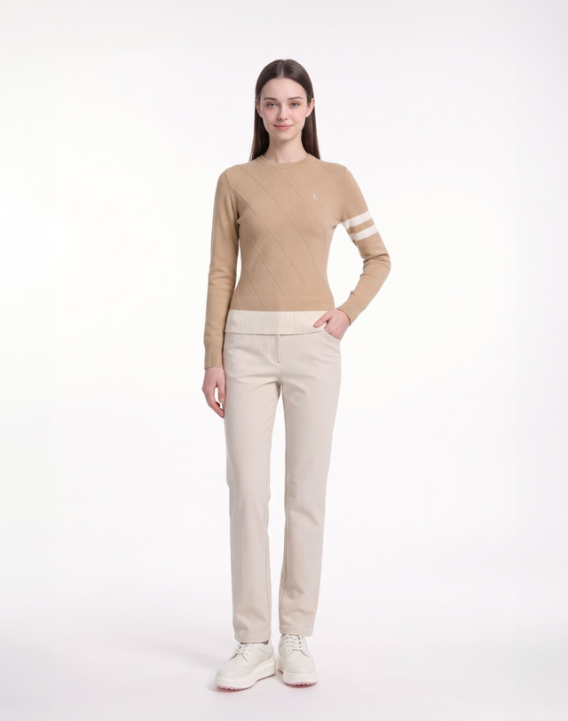 Áo knit golf nữ tay dài hoạ tiết ô caro màu be camel — ảnh 3