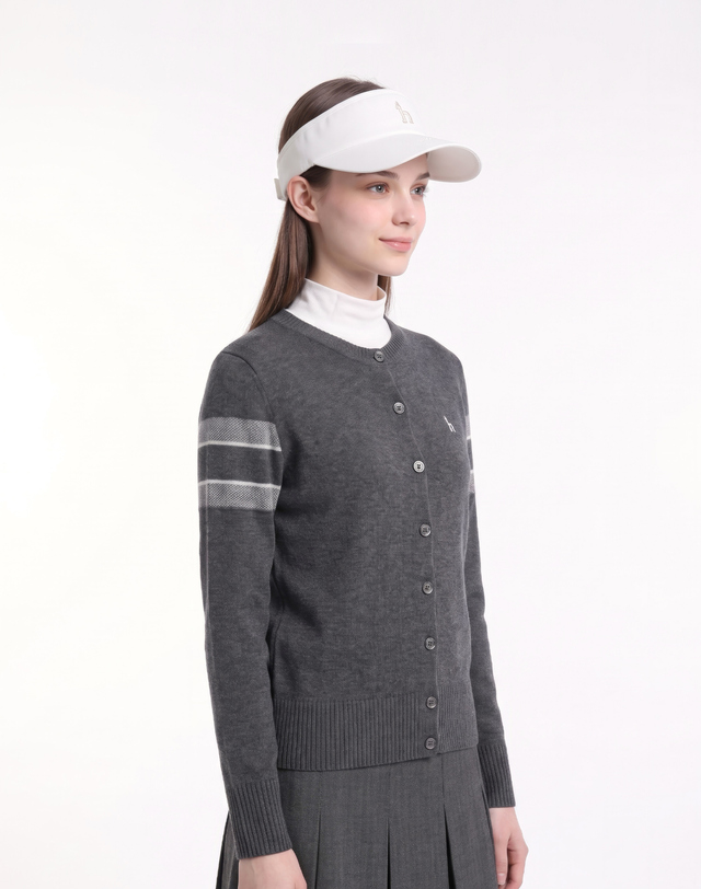 Áo knit golf nữ tay dài phối sọc màu xám — ảnh 2