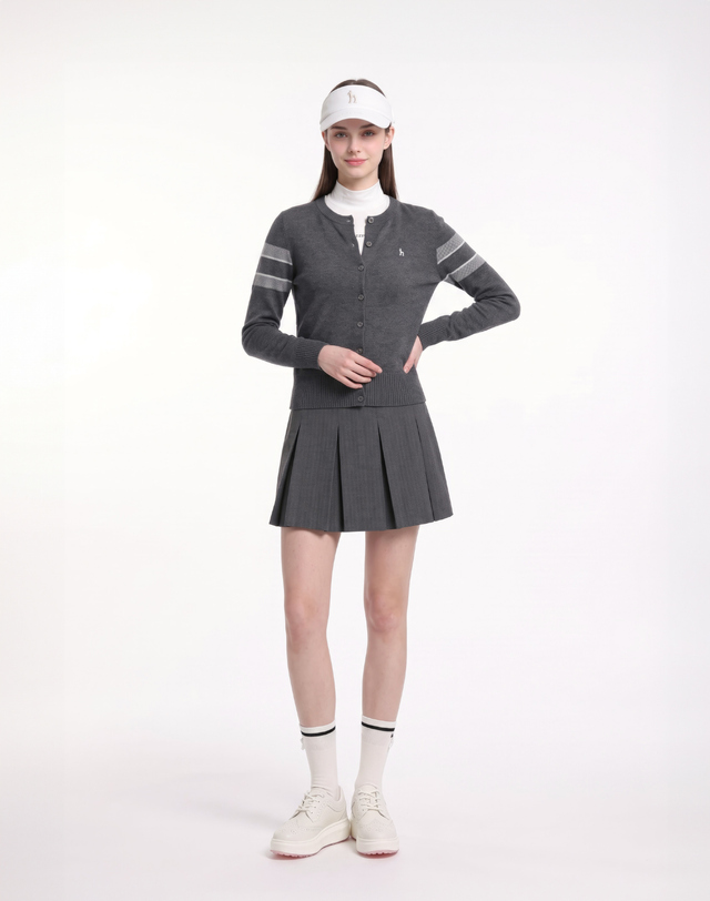 Áo knit golf nữ tay dài phối sọc màu xám — ảnh 3