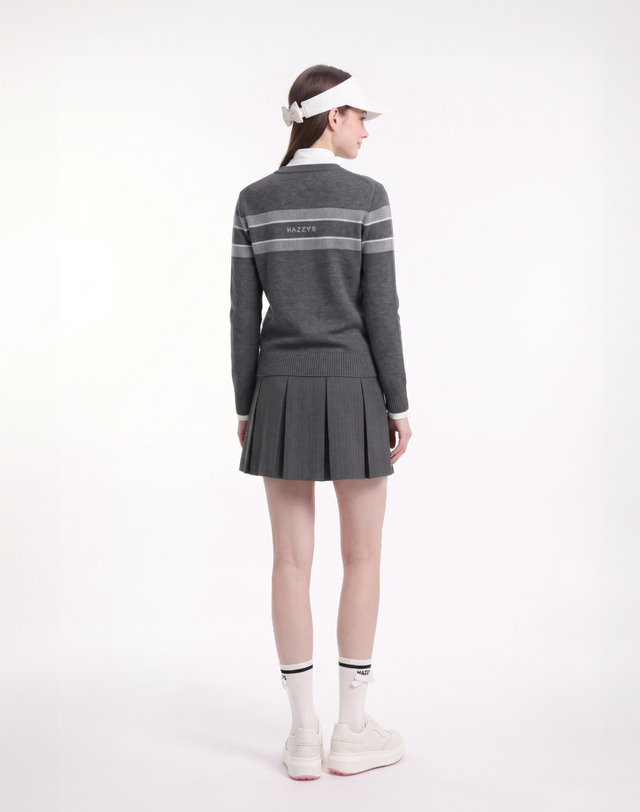 Áo knit golf nữ tay dài phối sọc màu xám — ảnh 4