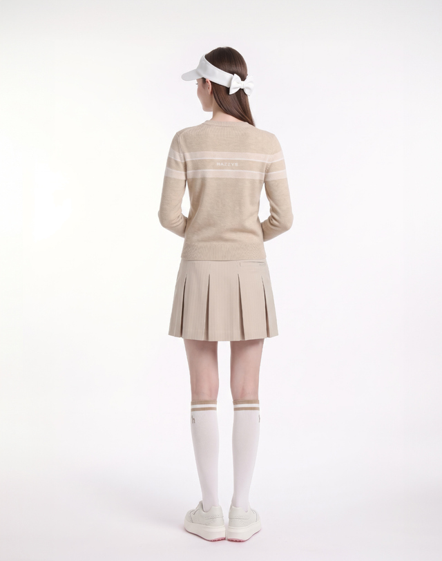 Áo knit golf nữ tay dài viền sọc màu be — ảnh 4