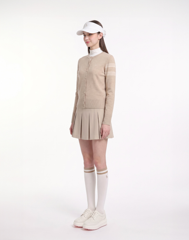 Áo knit golf nữ tay dài viền sọc màu be — ảnh 3