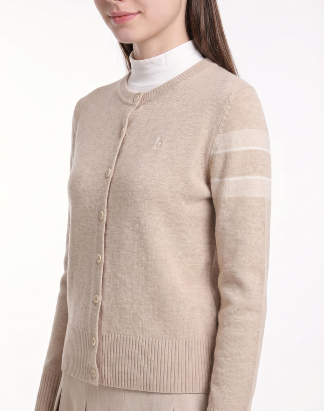 Áo knit golf nữ tay dài viền sọc màu be — ảnh 5