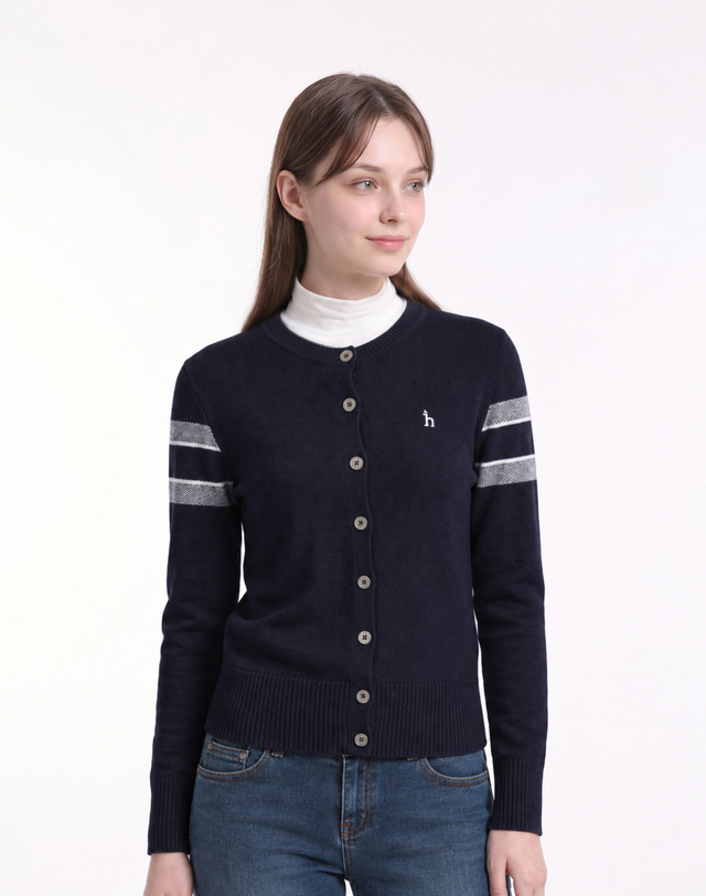 Áo knit golf nữ tay dài màu xanh navy phối sọc trắng Hazzys cài cúc