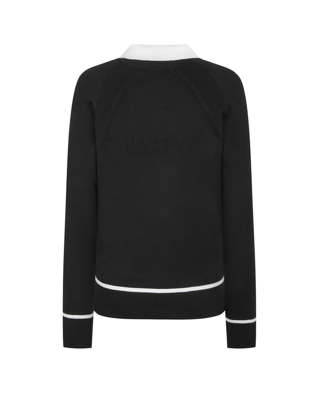 Áo knit golf nữ cổ bẻ phối viền trắng màu đen — ảnh 2