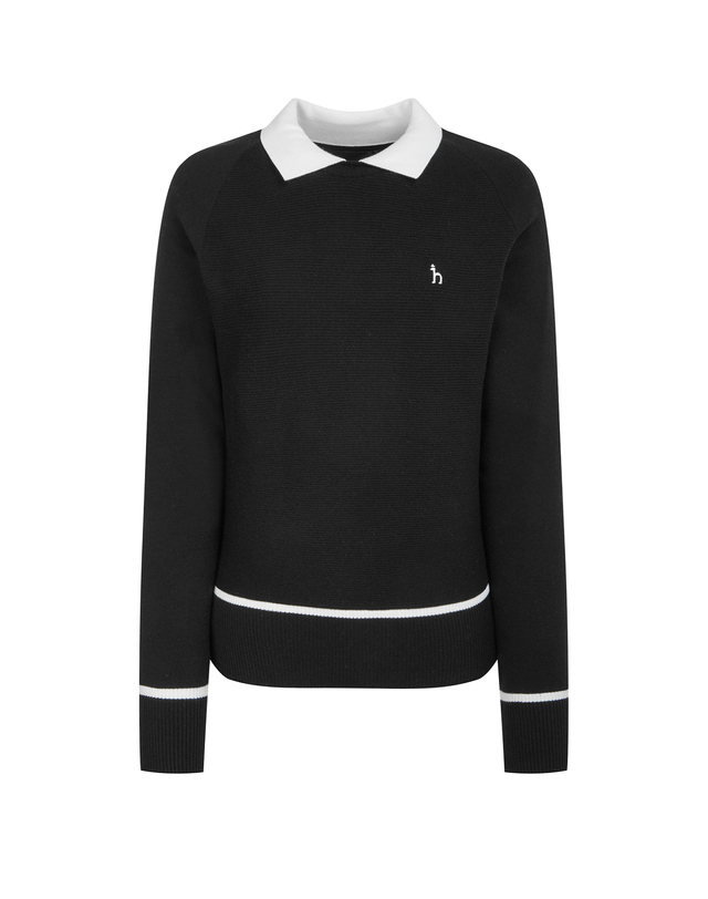 Áo knit golf nữ Hazzys màu đen có cổ bẻ trắng và viền trắng ở gấu và tay áo