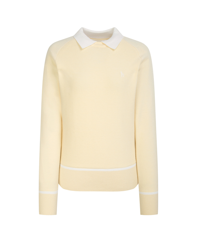 Áo knit golf nữ màu vàng phối cổ bẻ và viền trắng Hazzys