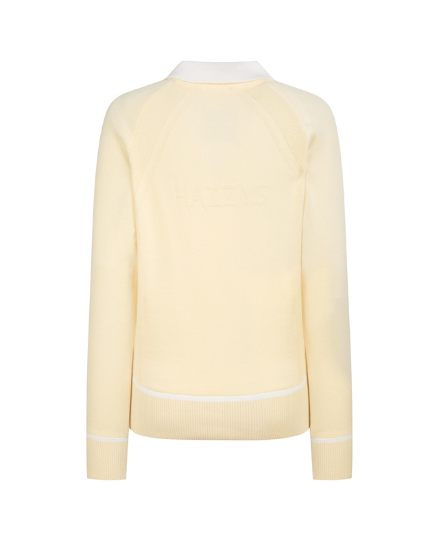 Áo knit golf nữ cổ bẻ phối viền trắng màu vàng — ảnh 2