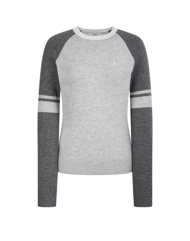 Áo knit golf nữ tay dài phối màu xám nhạt và xám đậm, cổ tròn, họa tiết sọc ngang tay