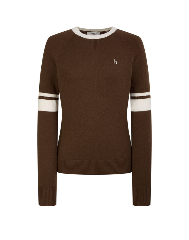 Áo knit golf nữ dáng ôm phối viền trắng màu nâu sepia — ảnh 2