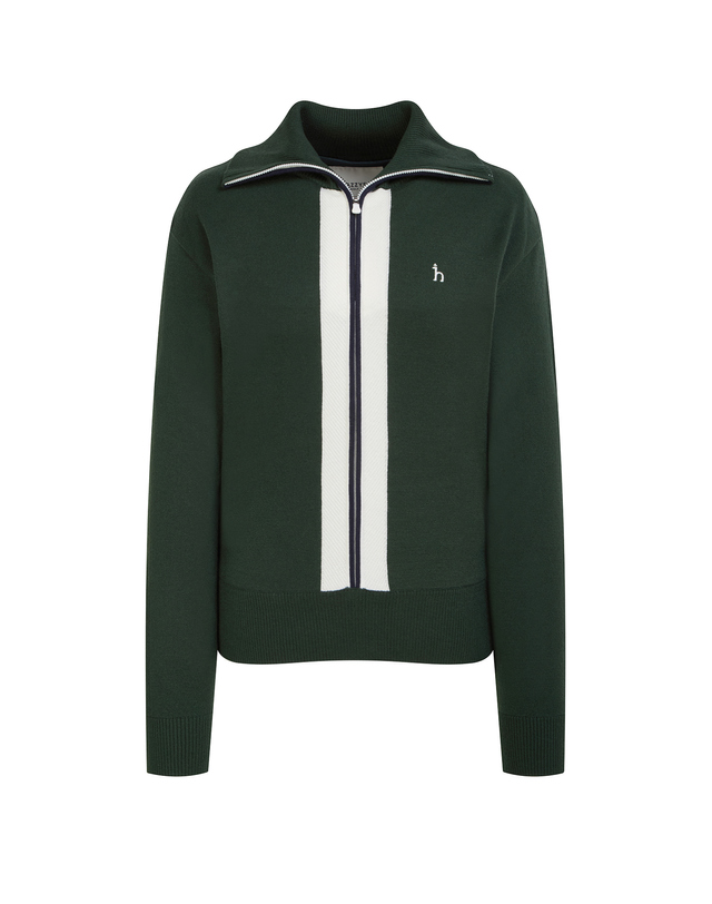 Áo knit golf nữ Hazzys màu xanh lá đậm cổ đứng khóa kéo sợi dệt sọc trắng