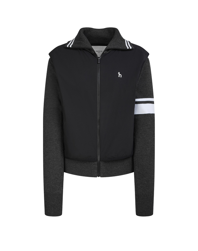 Áo knit golf nữ tay dài phối vải đen họa tiết sọc trắng trên tay và cổ Hazzys