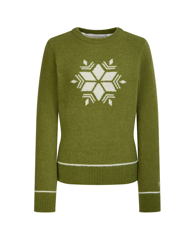 Áo knit golf nữ màu xanh cốm họa tiết bông tuyết trắng tay dài cổ tròn Hazzys