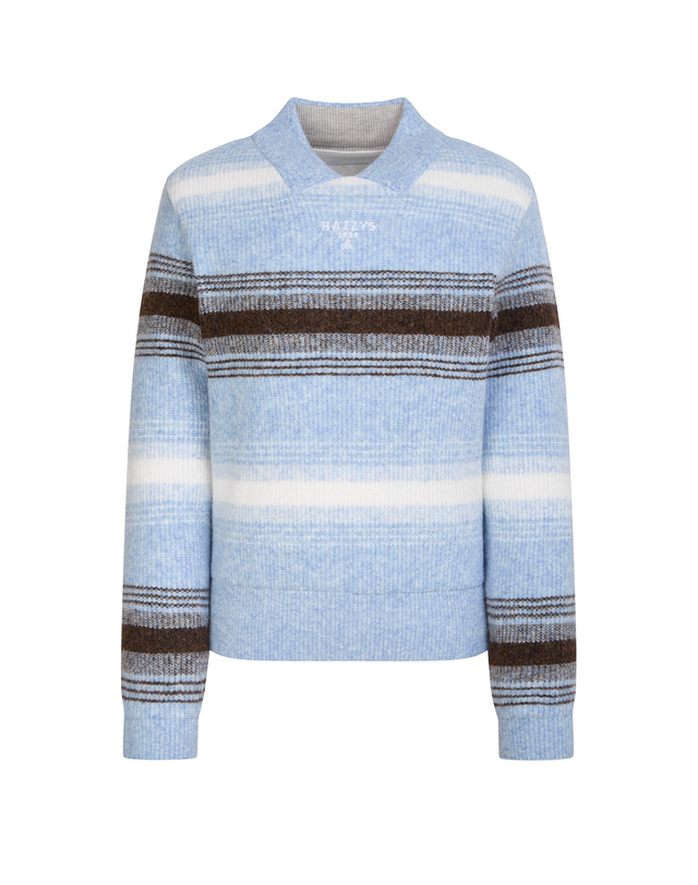 Áo knit golf nữ Hazzys cổ V phối sọc màu xanh dương nâu trắng