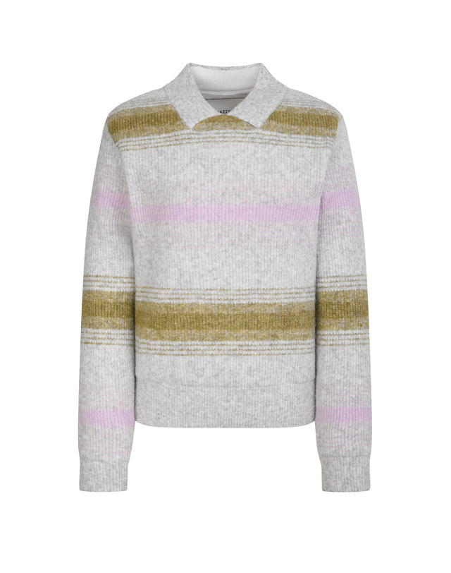 Áo knit golf nữ cổ bẻ màu xám kẻ ngang vàng hồng thương hiệu Hazzys
