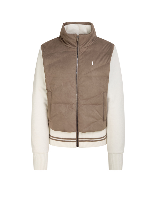 Áo knit golf nữ phối màu camel trắng cổ cao dài tay — ảnh 2