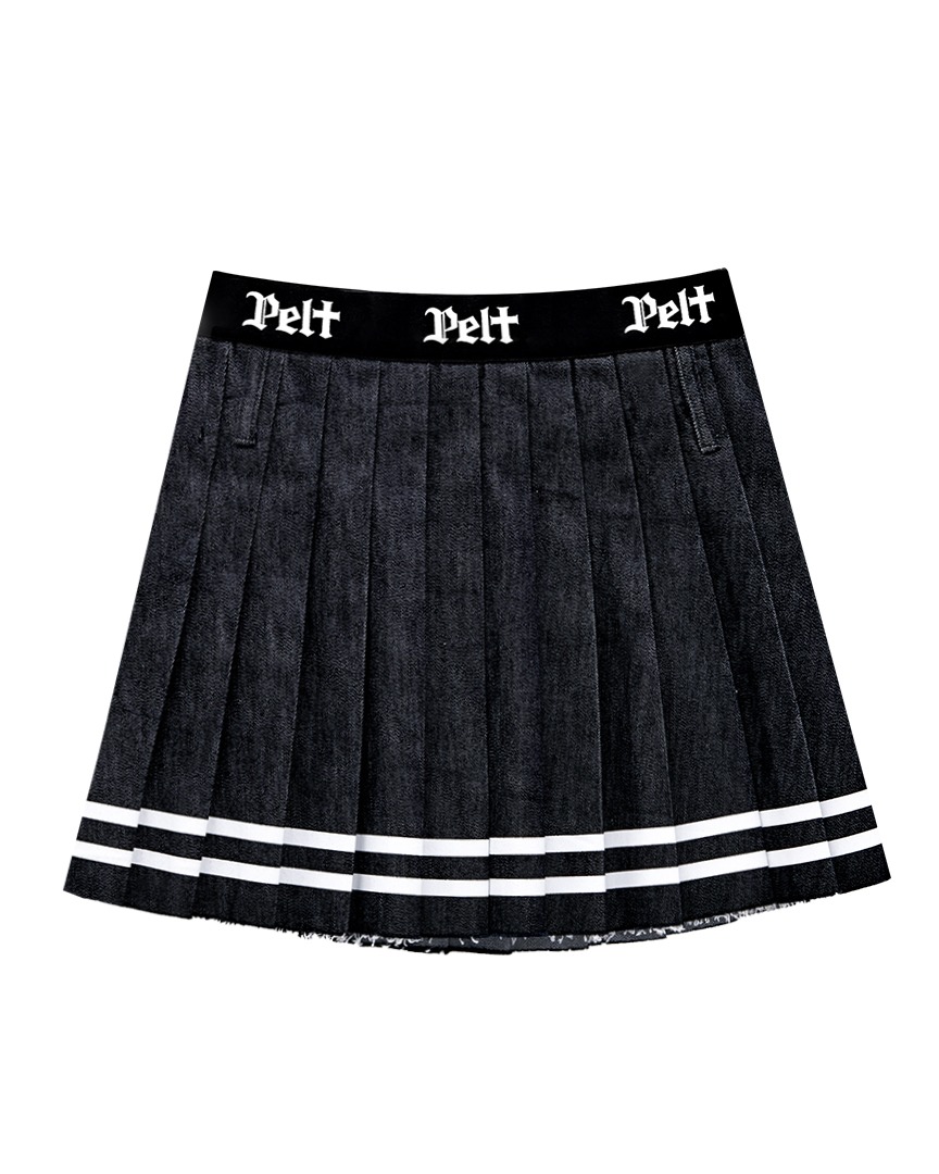 Váy golf nữ xếp ly màu indigo phối viền trắng và chun lưng in logo Pelt
