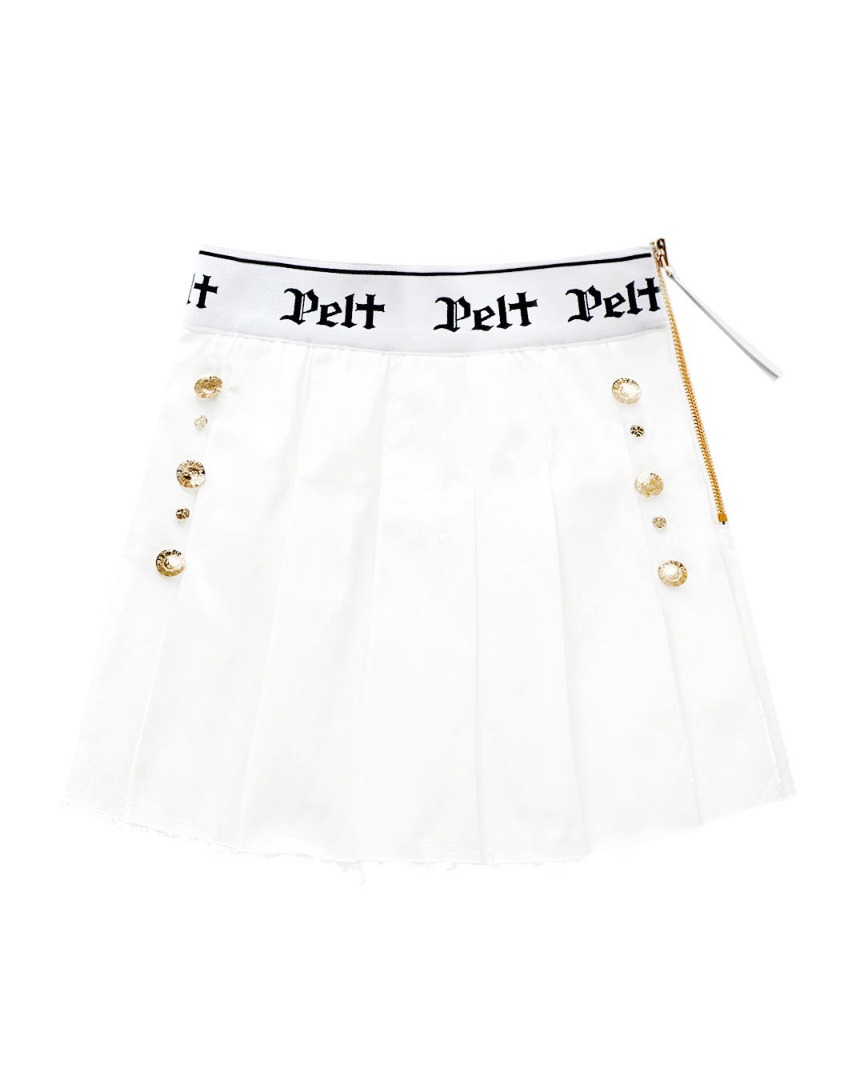 Váy golf nữ màu trắng xếp ly thêu logo Pelt bản lưng có khóa kéo dây vàng